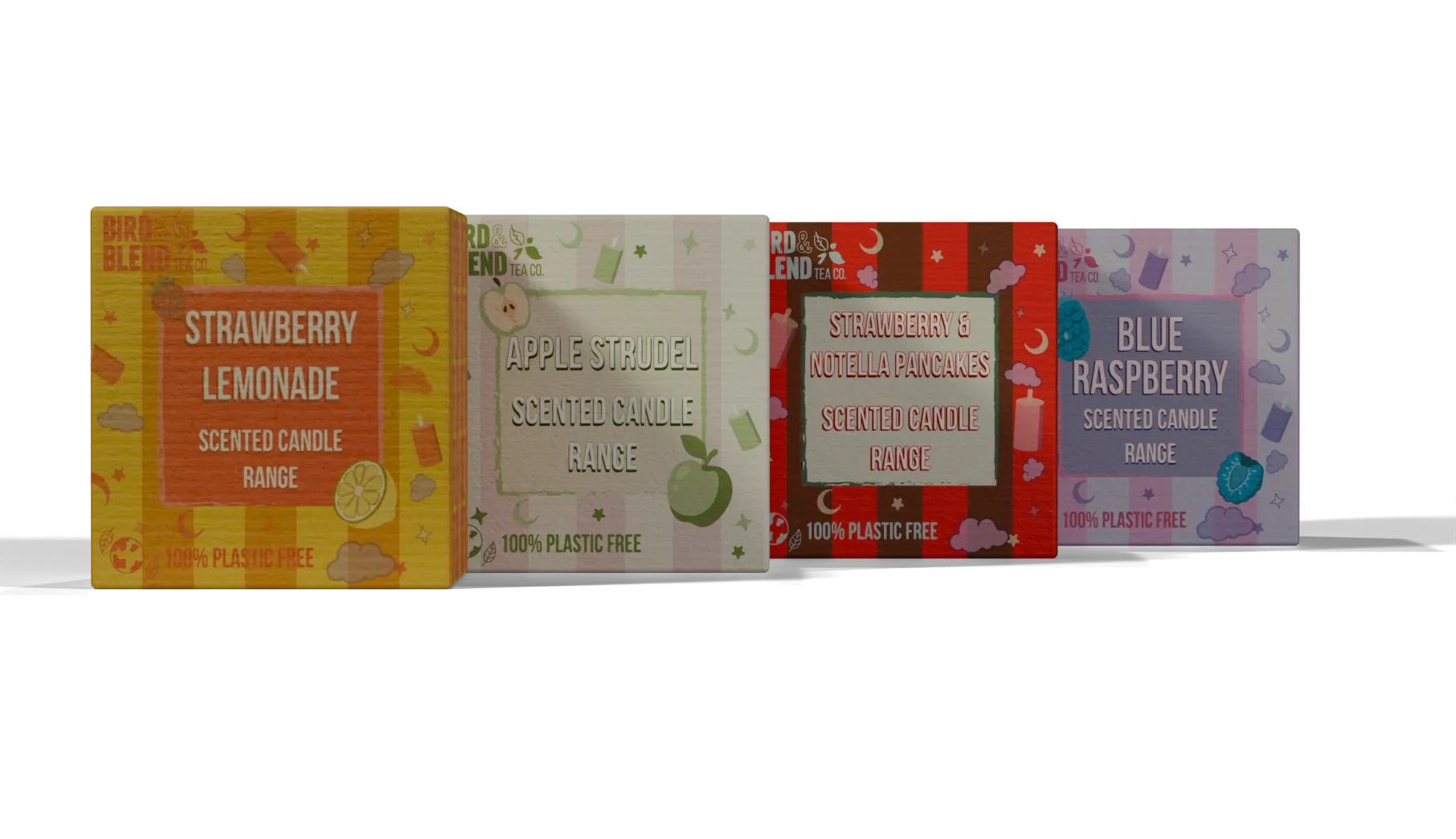 Four Bird & Blend Tea Light candle boxes lined up, showing the four scents