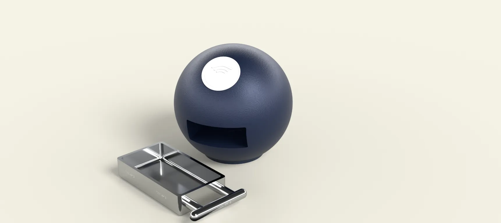 Blue bubble beside its silver tray with the handle pulled out