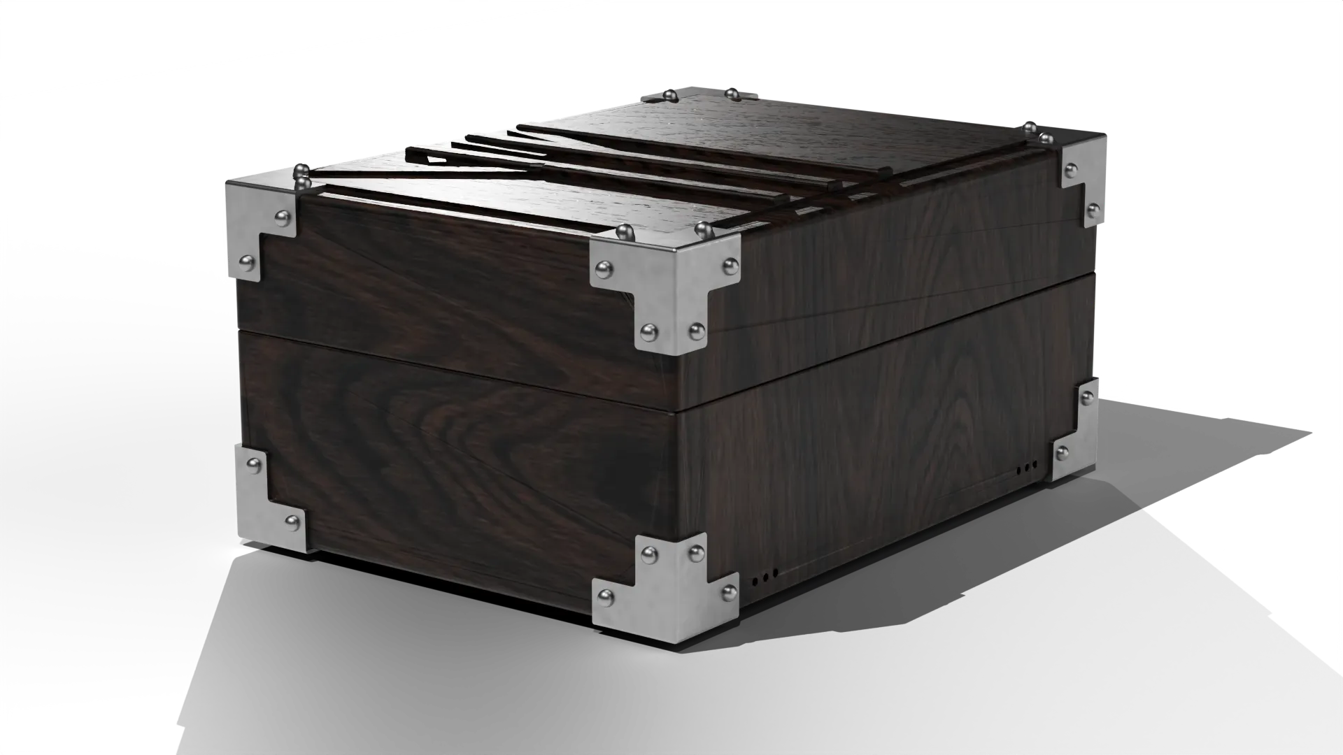 Closed Montgomery watch box in dark fumed oak with steel corners
