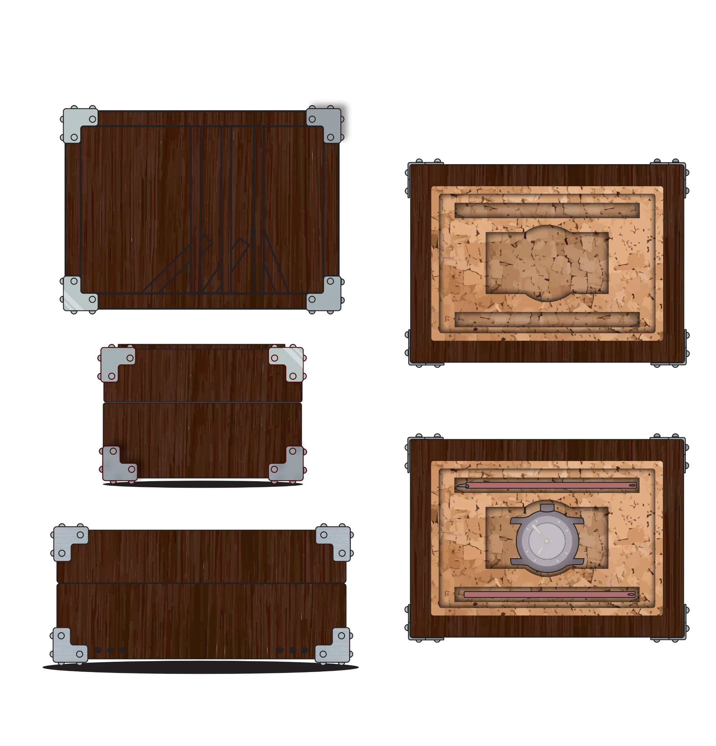 Illustrated top, front, side and cork interior views of the Montgomery box