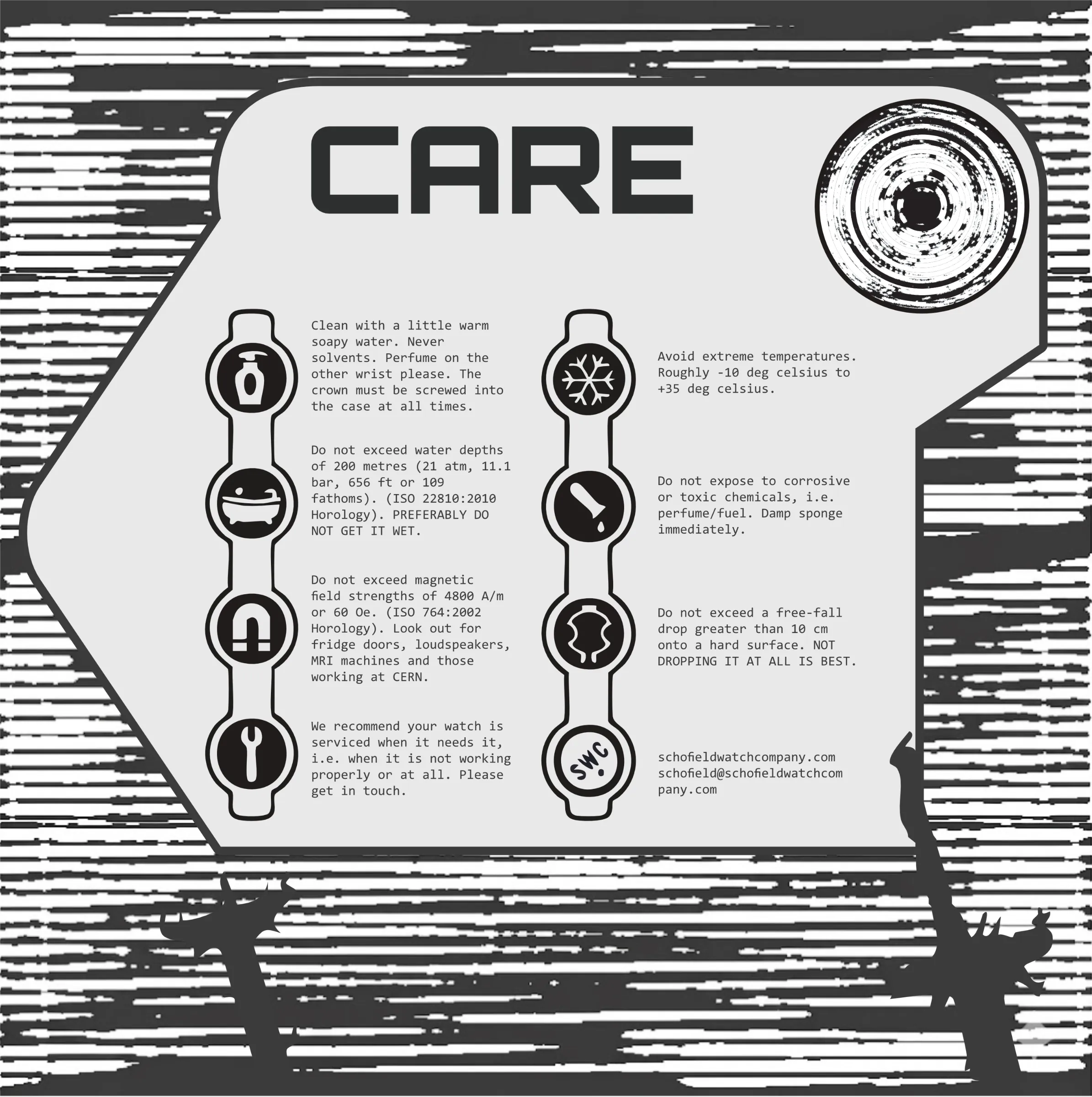 Black-and-white Montgomery care card with watch care instructions